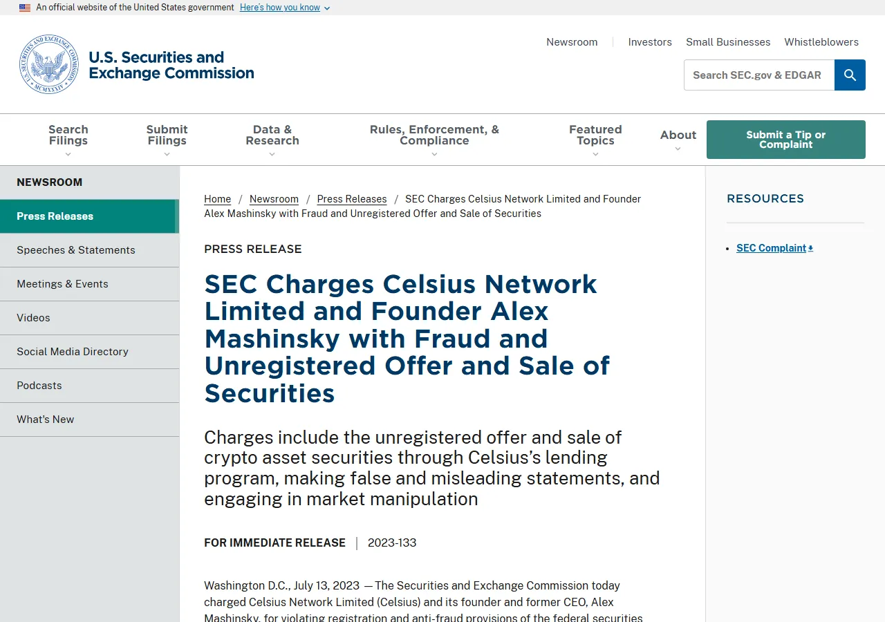 SEC: SEC Charges Celsius Network Limited and Founder Alex Mashinsky with Fraud and Unregistered Offer and Sale of Securities