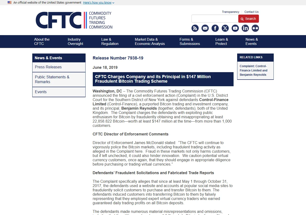 CFTC Charges Company and its Principal in $147 Million Fraudulent Bitcoin Trading Scheme