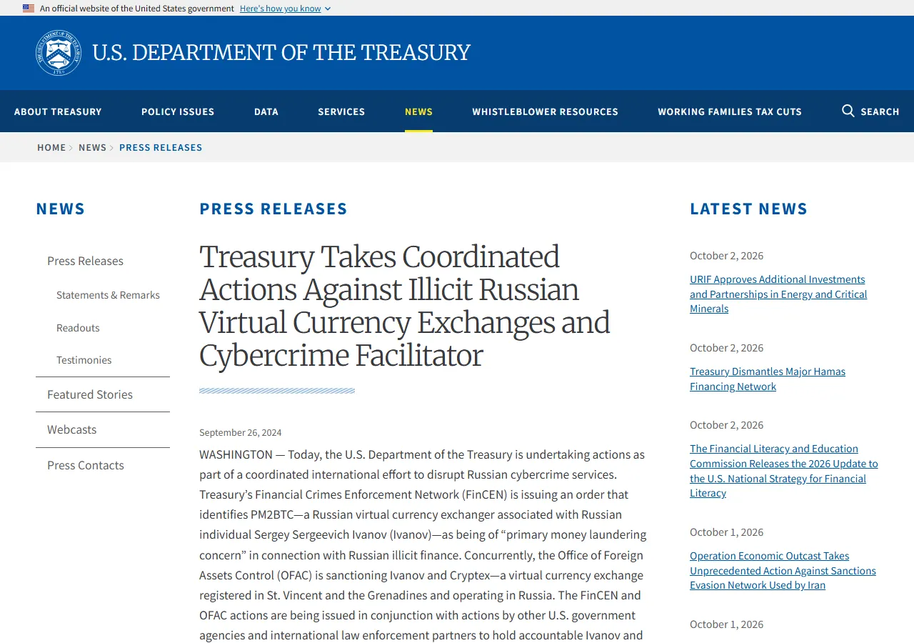 U.S. Department of the Treasury: Treasury Takes Coordinated Actions Against Illicit Russian Virtual Currency Exchanges and Cybercrime Facilitator