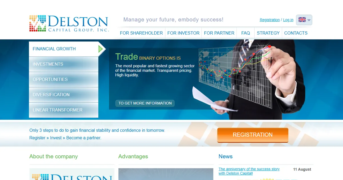 Так выглядел сайт delston-capital.com в сентябре 2015 года. Копия из веб-архива web.archive.org.