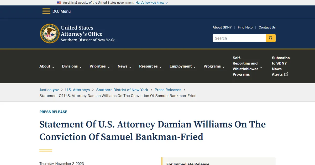 U.S. Attorney's Office SDNY: Statement Of U.S. Attorney Damian Williams On The Conviction Of Samuel Bankman-Fried. Скриншот страницы justice.gov, 2 ноября 2023.