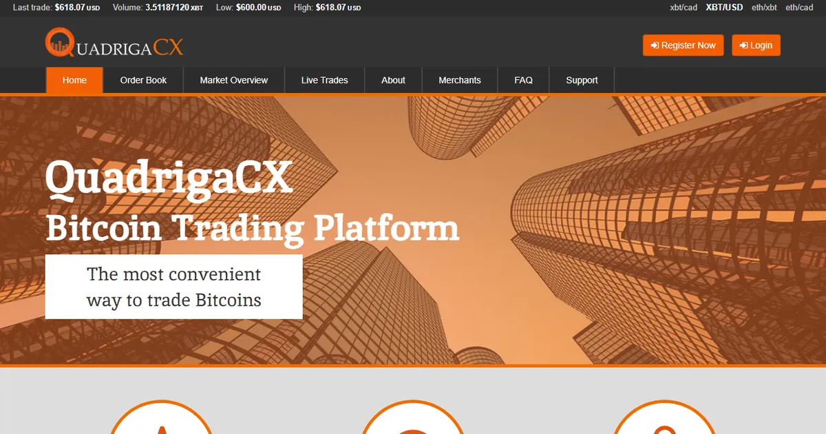 Так выглядел сайт quadrigacx.com в августе 2016 года. Копия из веб-архива web.archive.org.