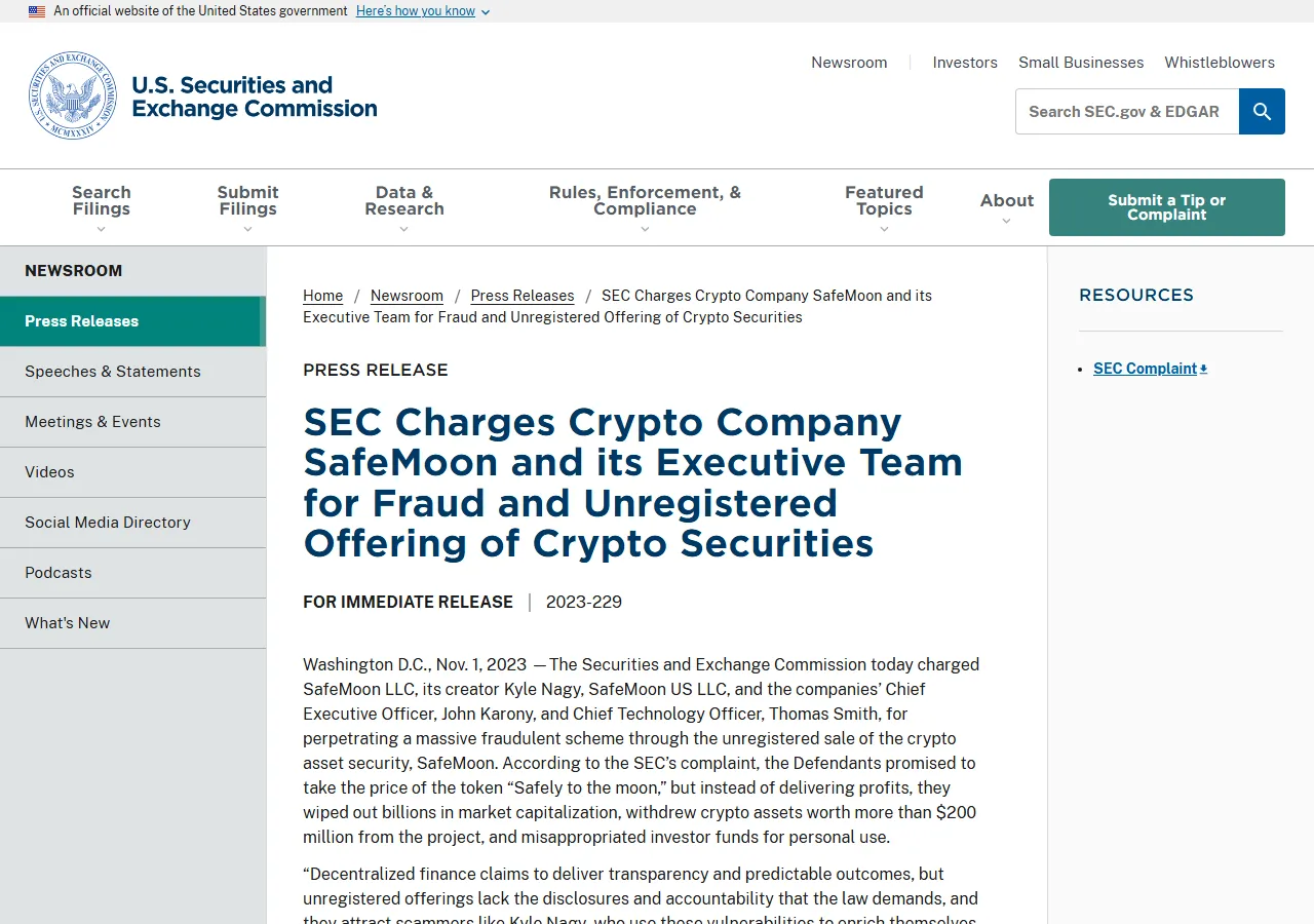 SEC: SEC Charges Crypto Company SafeMoon and its Executive Team for Fraud and Unregistered Offering of Crypto Securities