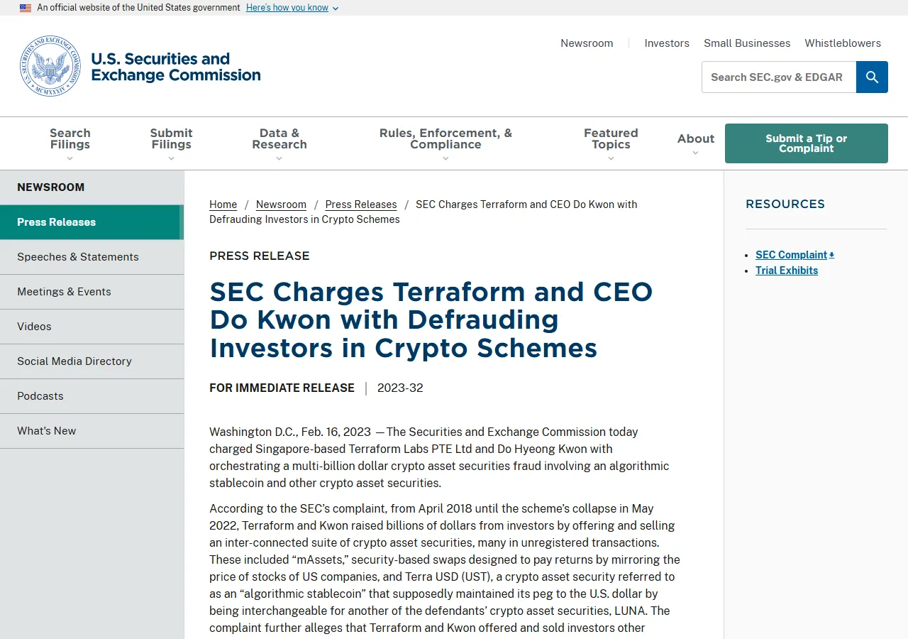 SEC: SEC Charges Terraform and CEO Do Kwon with Defrauding Investors in Crypto Schemes